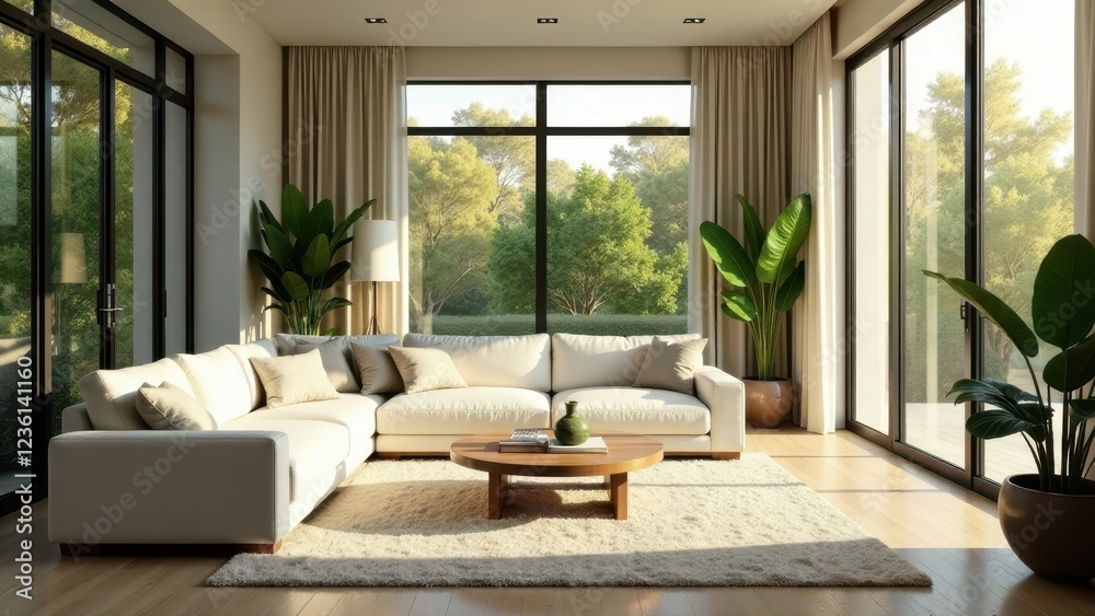 Fototapeta premium Serene Modern Living Room Design with Abundant Natural Light and Lush Greenery