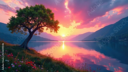 Serene Sunset Landscape Solitary Tree by Calm Lake, Vibrant Sky Colors, Peaceful Nature Scene