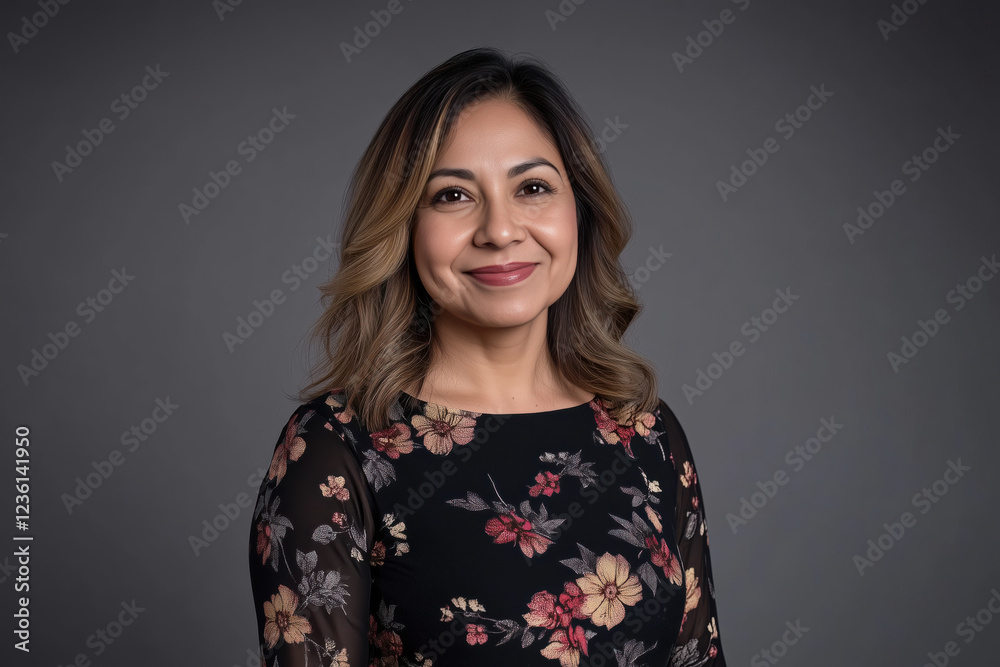 Confident woman in floral dress smiling against a gray background Confident woman in floral dress smiling against a gray background