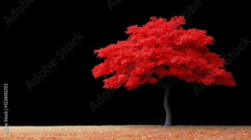 Crimson Solitary: A vibrant red tree stands alone against a stark black background, its fiery foliage a striking contrast to the darkness.  The image evokes a sense of mystery and resilience.