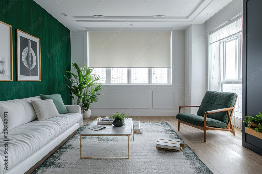 Fototapeta premium Luxury living room with green accent wall and modern furniture