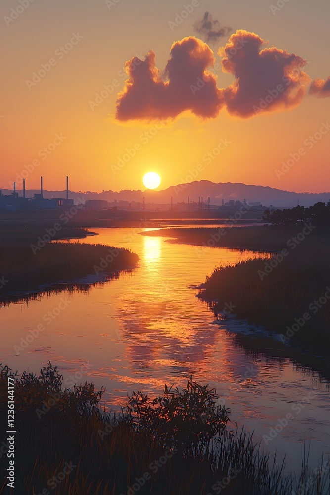 Obraz premium A serene sunset over a winding river, reflecting warm hues of orange and pink. The silhouettes of distant mountains and factories create a tranquil yet industrial backdrop.