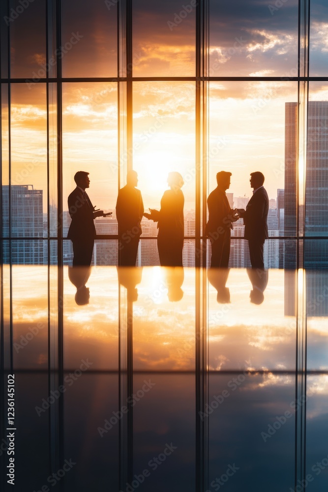 Fototapeta premium Business professionals networking and collaborating at sunset in modern office. Focus on teamwork, partnerships, and innovative ideas driving progress.