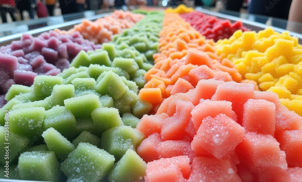 Colorful display of fruit-shaped jelly cubes Colorful display of fruit-shaped jelly cubes