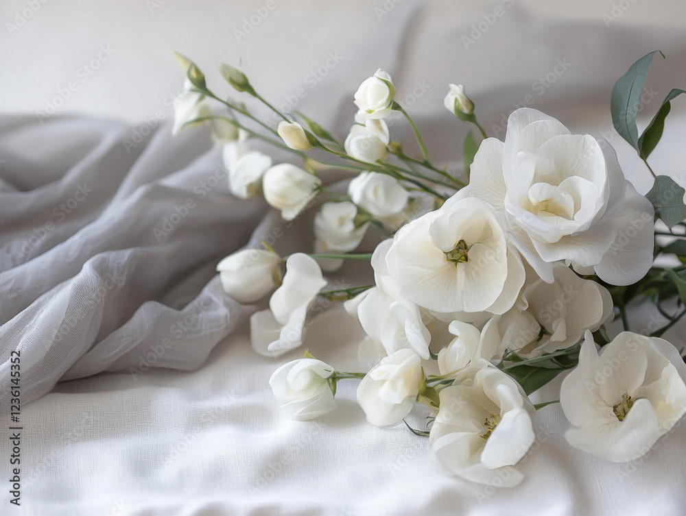 Delicate white flowers on a soft grey fabric background Delicate white flowers on a soft grey fabric background