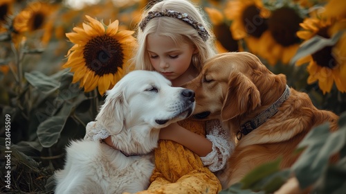 A young girl playing in a sunflower field with a golden retrieverphotorealistic portrait