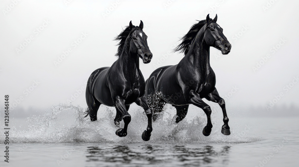 Two black horses running through water with dynamic splashes under a cloudy sky, minimalist composition Two black horses running through water with dynamic splashes under a cloudy sky, minimalist composition
