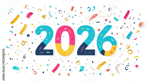 Colorful Flat Design Vector Illustration of 2026 with Fun Decorations and Festive Confetti