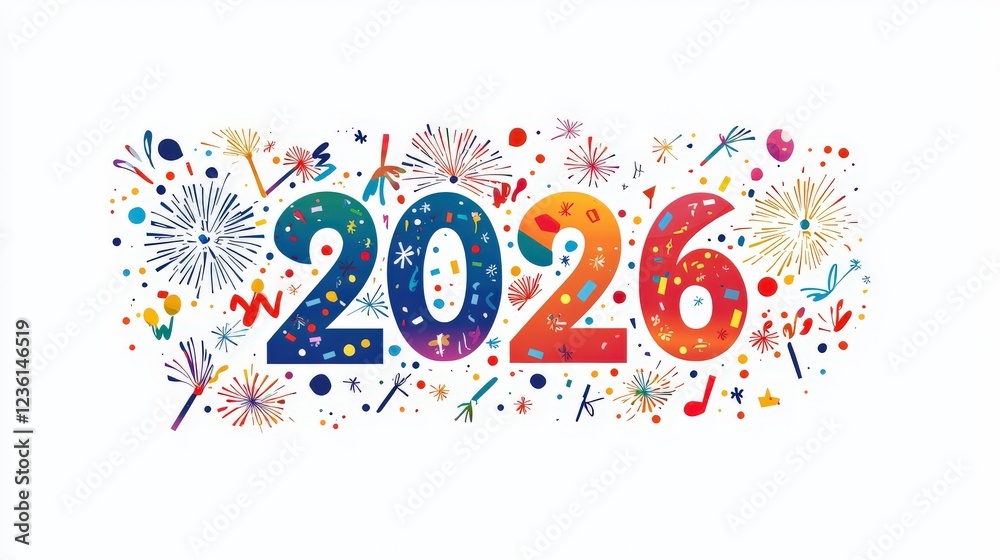 Fototapeta premium Colorful Flat Vector Illustration of 2026 with Festive Elements in a Vibrant Design Style