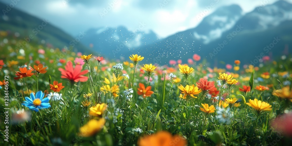 Obraz premium Enchanted Fairy Dancing Through Colorful Wildflowers on a Majestic Mountain Landscape Surrounded by a Lush Green Meadow