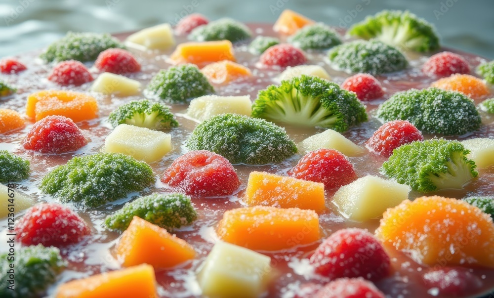 Colorful frozen fruits and vegetables arranged Colorful frozen fruits and vegetables arranged
