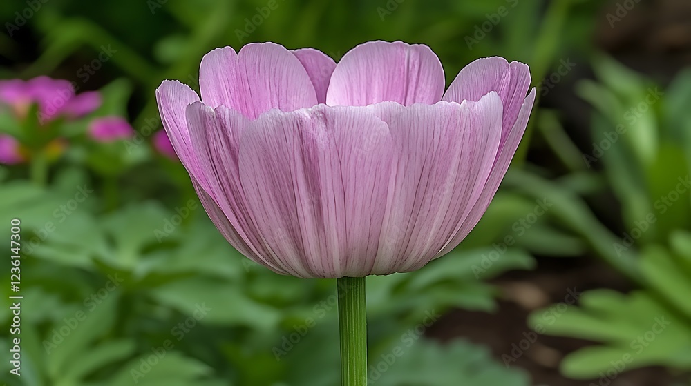 A single pastel pink blossom glowing in soft sunlight, with a blurred green background. A single pastel pink blossom glowing in soft sunlight, with a blurred green background.