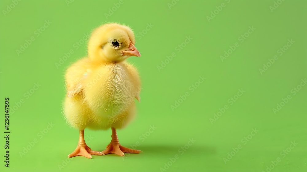 A fluffy yellow chick stands on a green background, looking to the side. A fluffy yellow chick stands on a green background, looking to the side.