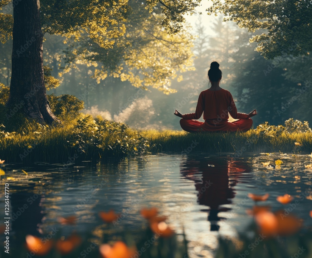Meditation by the tranquil waters in a lush forest Meditation by the tranquil waters in a lush forest