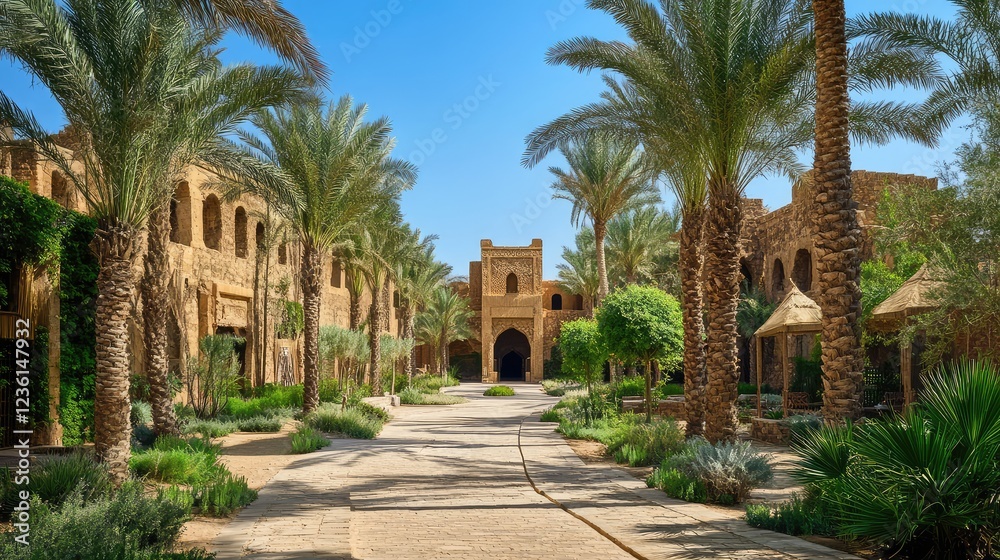 Ancient ruins and palm trees under blue sky in Egypt oasis Ancient ruins and palm trees under blue sky in Egypt oasis