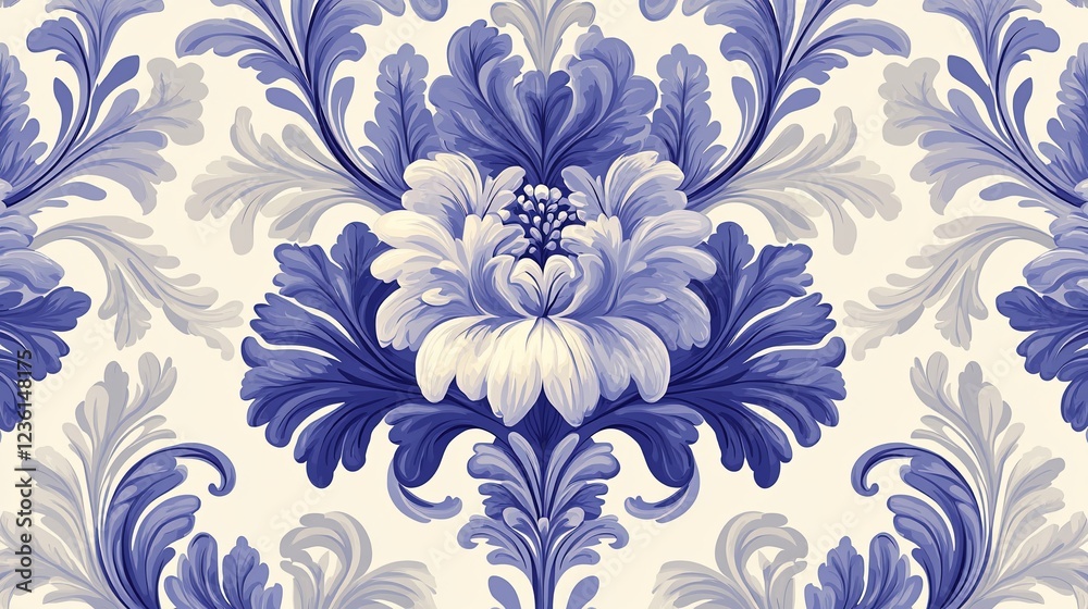 Elegant damask floral pattern in blue and cream. Elegant damask floral pattern in blue and cream.