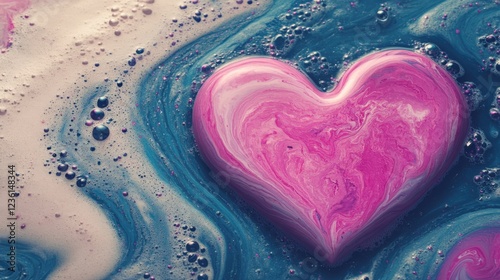 A textured composition of abstract hearts in red and pink shades, surrounded by flowing swirls in beige and white tones, giving a painterly and modern aesthetic