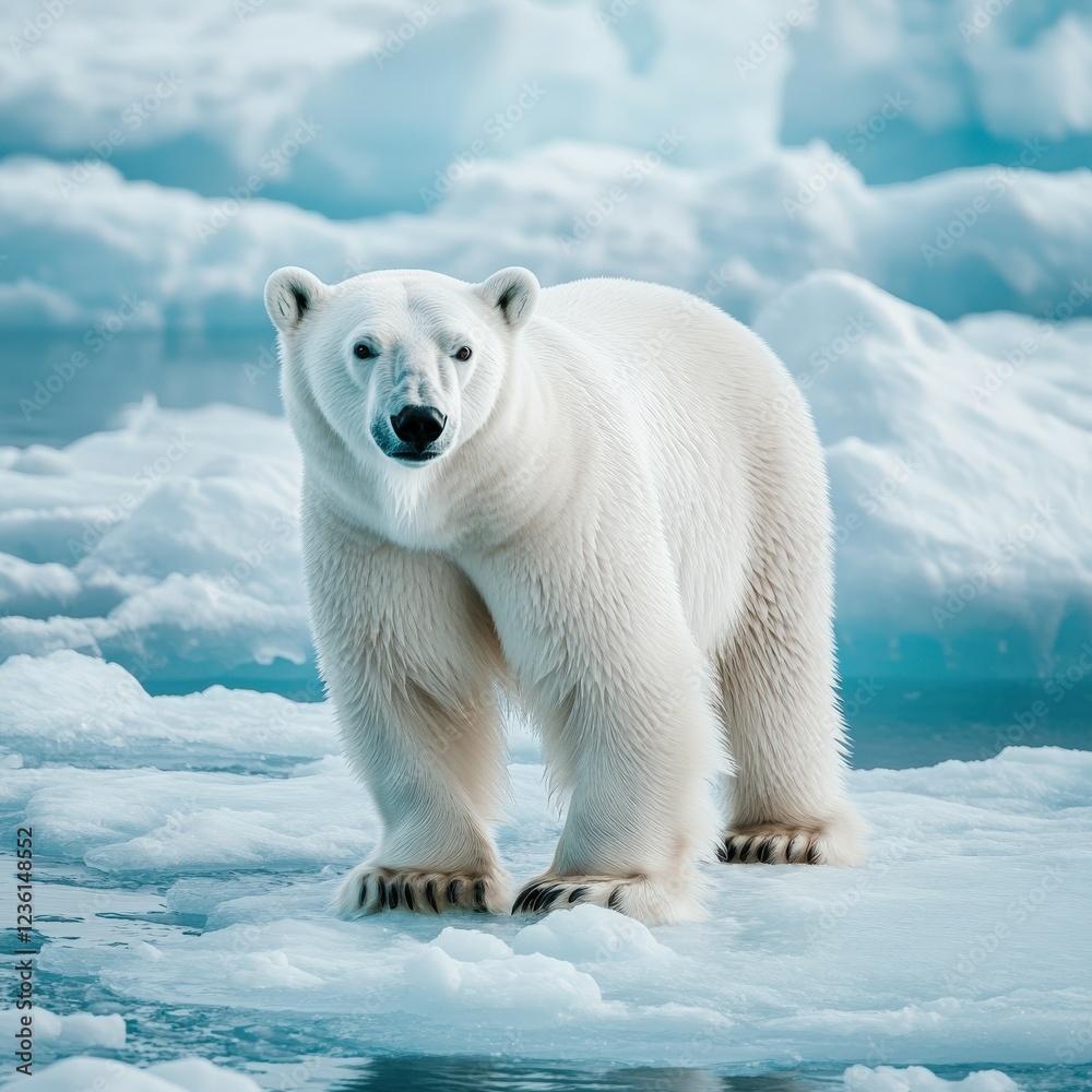 Polar bear standing on melting ice in the Arctic region Polar bear standing on melting ice in the Arctic region