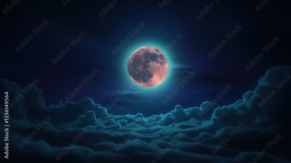 Fototapeta premium The full moon glows through a veil of thin, wispy clouds in a dark sky. The bright white light of the moon contrasts beautifully with the deep blue-black of the night sky. 
