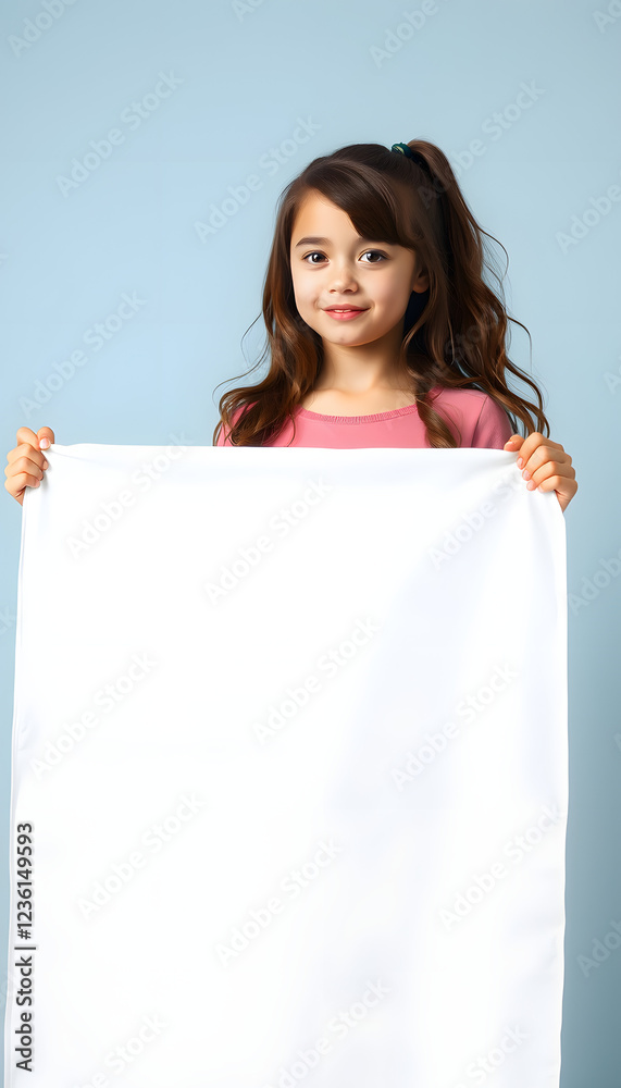 A young brunette teenage girl holding a large white banner, simple style. isolated with white shades A young brunette teenage girl holding a large white banner, simple style. isolated with white shades