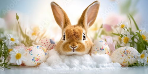 Easter bunny composed of geometric shapes gazes at the viewer amidst colorful flowers and decorated eggs, creating bright and lively atmosphere for Easter celebrations