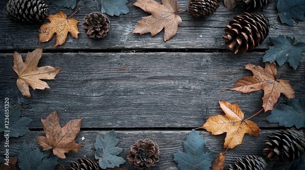 Autumn leaves and pine cones frame on rustic wood. Autumn leaves and pine cones frame on rustic wood.
