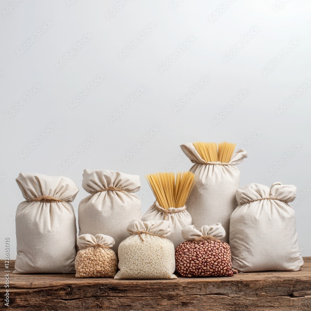 Various bags of pasta and grains on a wooden table, isolated background. Various bags of pasta and grains on a wooden table, isolated background.