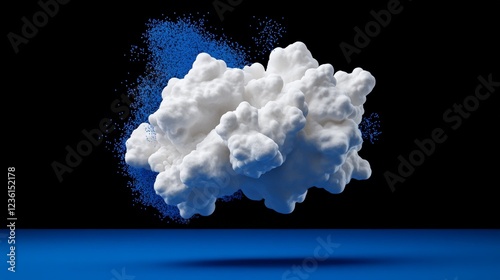 Protein Molecule in Blue: Abstract 3D rendering of a complex protein molecule against a deep blue background.  The molecule appears to be in motion, with blue particles swirling around it.