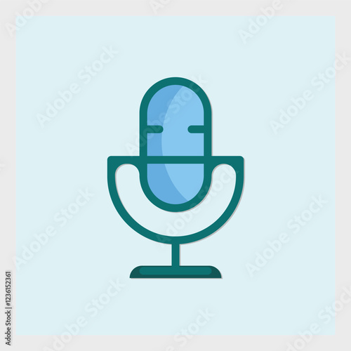 A teal blue microphone icon illustration on a light blue background for communication
