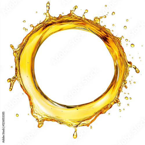 circular droplet yellow oily liquid isolated on white background full depth of feild.
