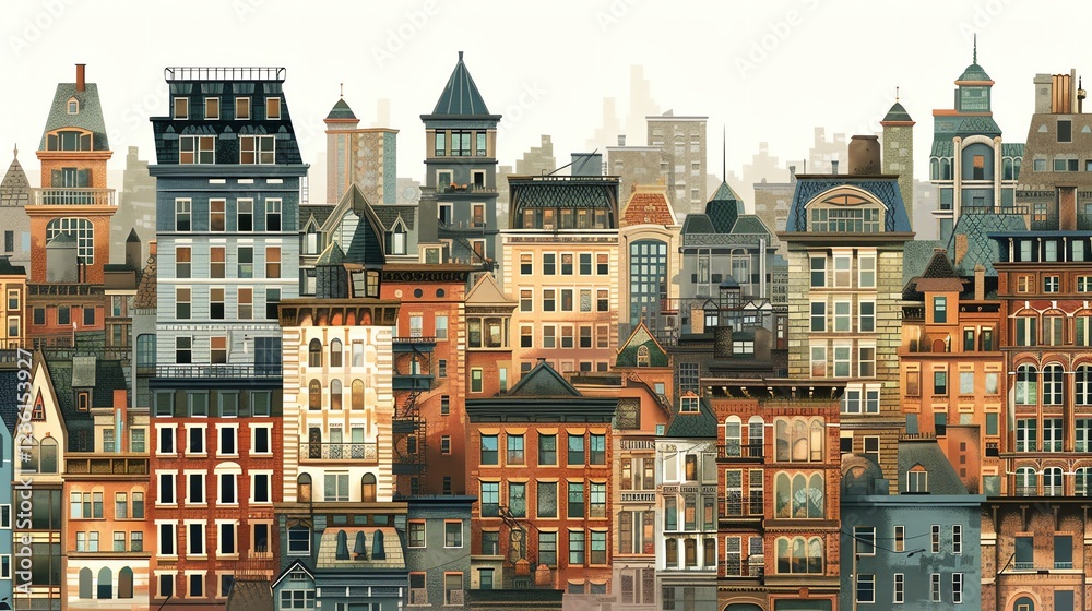 Fototapeta premium An illustration of a city skyline with many buildings in different styles.