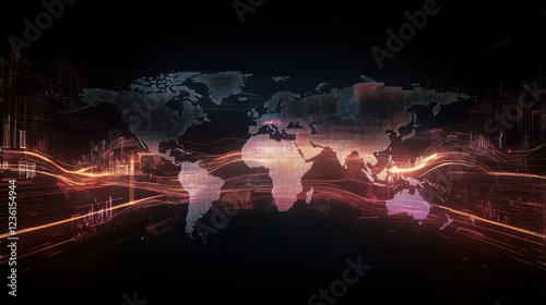 Abstract digital world map with glowing lines and data streams