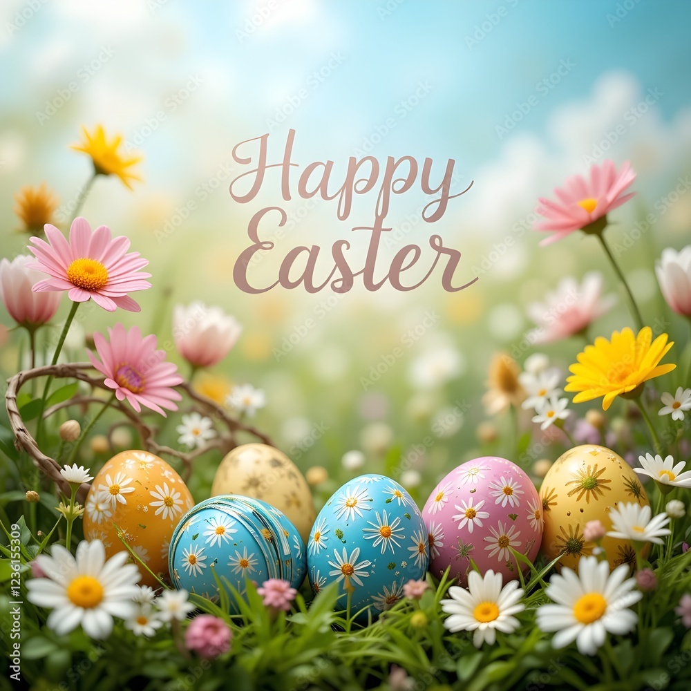 ''Happy Easter'' Congratulatory easter background, Easter eggs and flowers, ''Happy Easter'' Congratulatory easter background, Easter eggs and flowers,