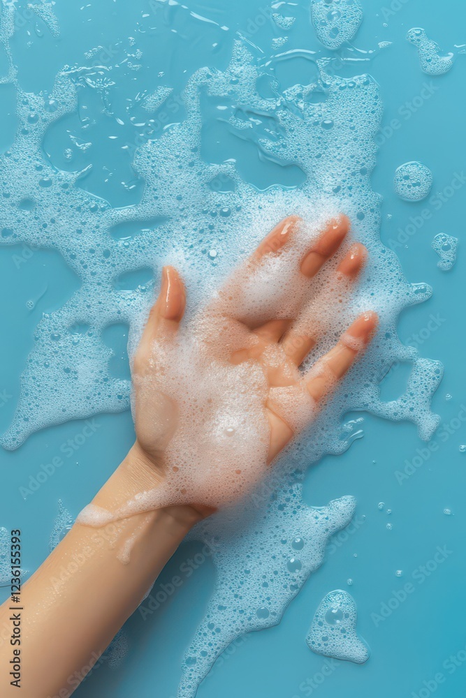 Fototapeta premium Celebrating world hand hygiene day with soapy hand on blue background. Vertical banner. Copy space