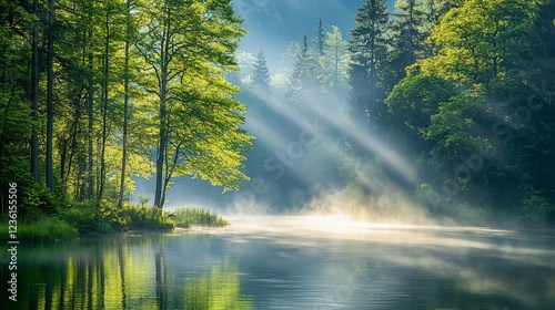 Sunbeams illuminate misty river in lush forest.