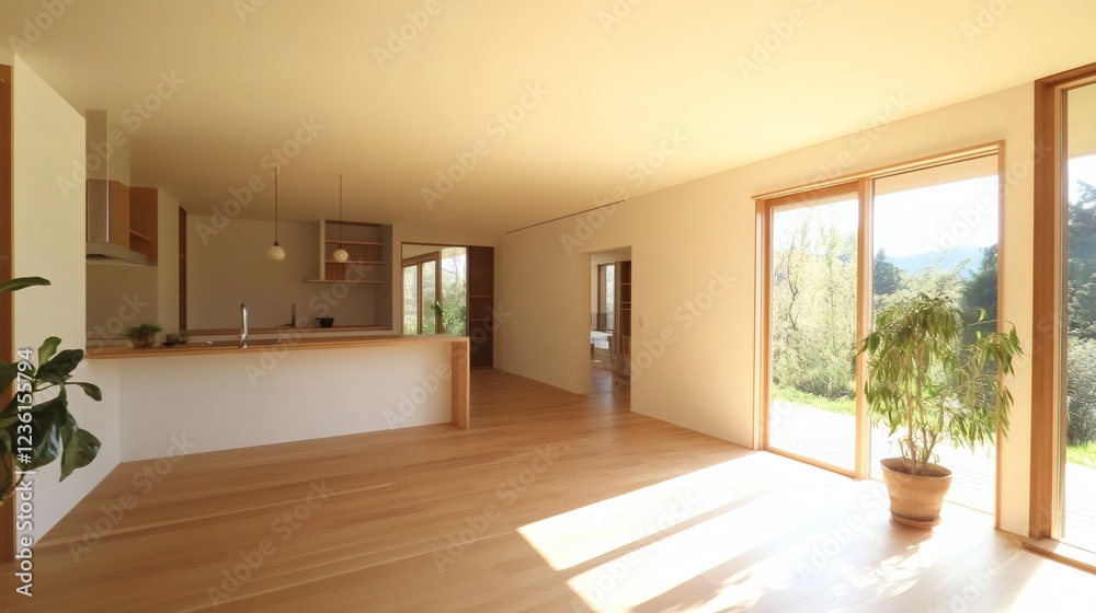 Fototapeta premium Modern Minimalist Kitchen and Living Room Interior with Large Windows and Natural Light