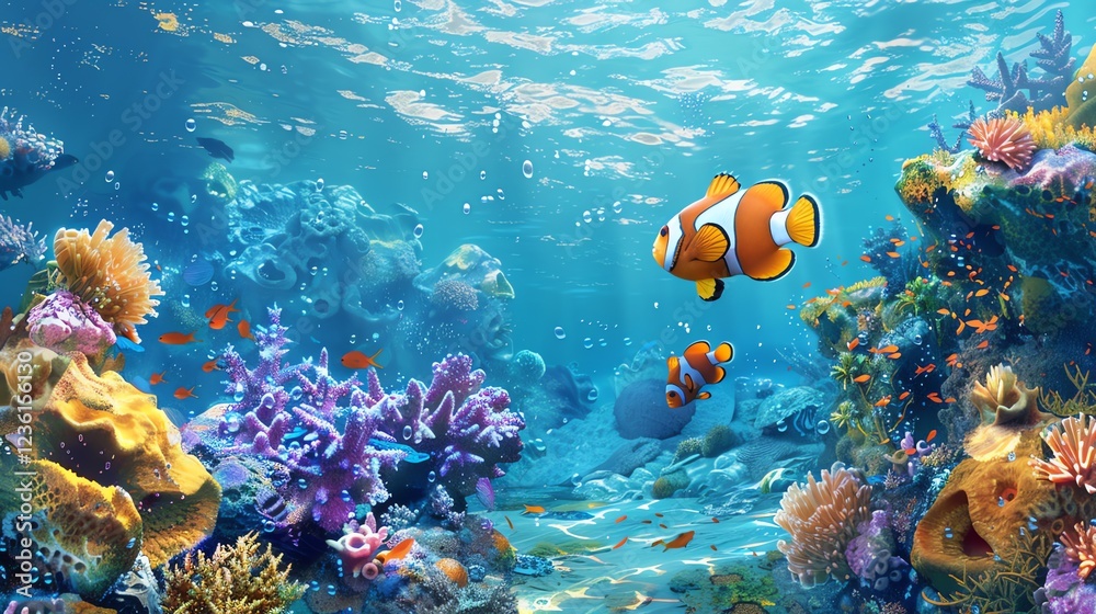 Fototapeta premium A colorful underwater scene with coral reefs and various fish.