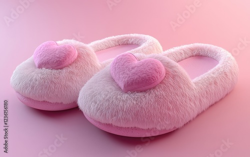 Soft fluffy slippers with heart details for Saint Valentines Day and 8 March Womans Day, on a pastel pink-to-white gradient background