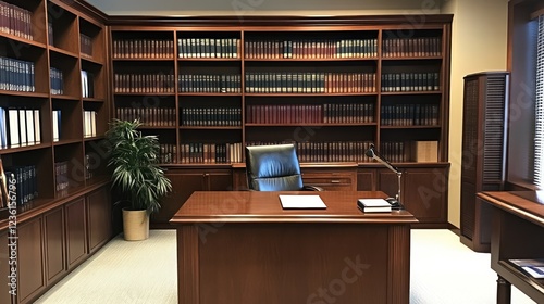 Modern office library with desk and bookshelves.  Possible use Business, corporate, office space photo