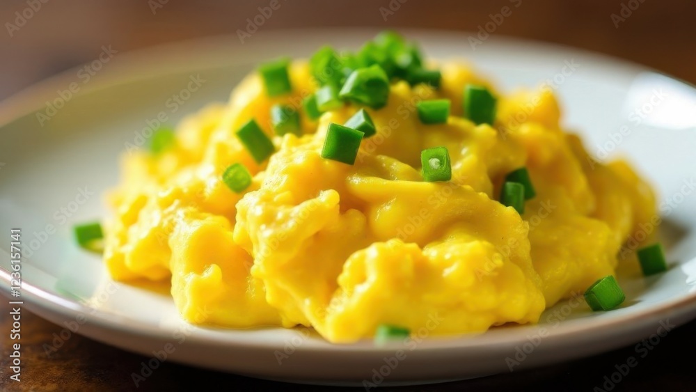 Fluffy scrambled eggs garnished with fresh chives, symbolizing simplicity and freshness Fluffy scrambled eggs garnished with fresh chives, symbolizing simplicity and freshness