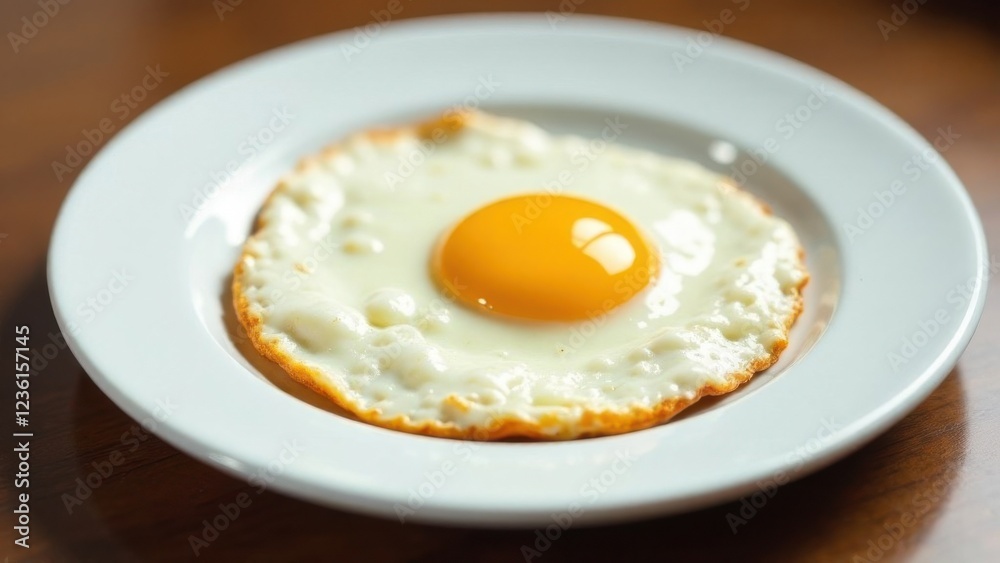 A fried egg on a white plate symbolizes simplicity and breakfast essentials A fried egg on a white plate symbolizes simplicity and breakfast essentials