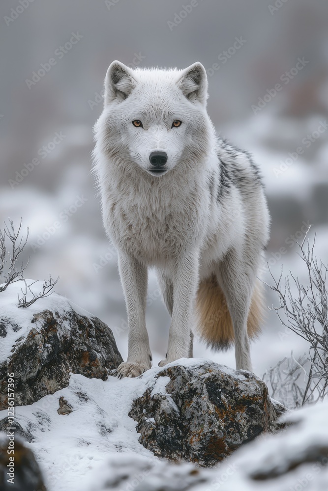 Obraz premium Majestic Arctic Wolf Standing on Snowy Rocks
