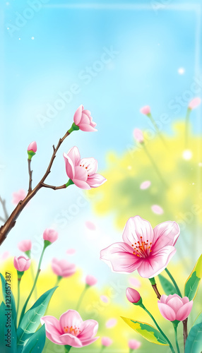 banner springtime  background  with pink blossom, crayon drawing. isolated with white shades