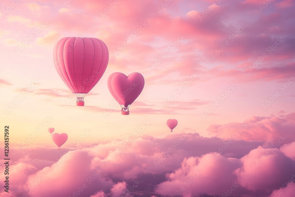 Obraz premium Pink Heart-Shaped Hot Air Balloons Soaring Above Clouds at Sunset