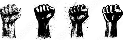 Set of Four Raised Fist Illustrations in Grunge Style Symbolizing Protest, Strength, and Resistance on a White Background