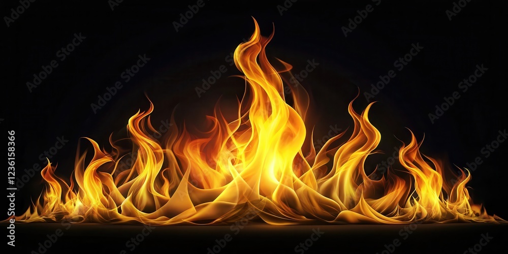 Fototapeta premium A vibrant abstract depiction of fire with dancing flames and warm hues against a dark background.