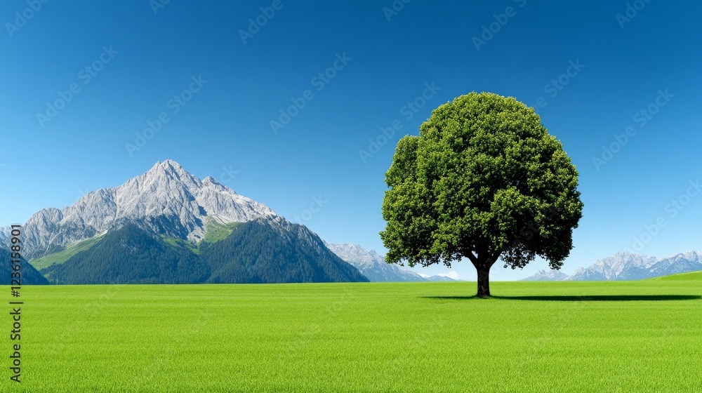 Solitary Tree in Alpine Meadow: A single, majestic tree stands alone in a vibrant green meadow, with a breathtaking backdrop of snow-capped alpine mountains under a clear blue sky. Solitary Tree in Alpine Meadow: A single, majestic tree stands alone in a vibrant green meadow, with a breathtaking backdrop of snow-capped alpine mountains under a clear blue sky.