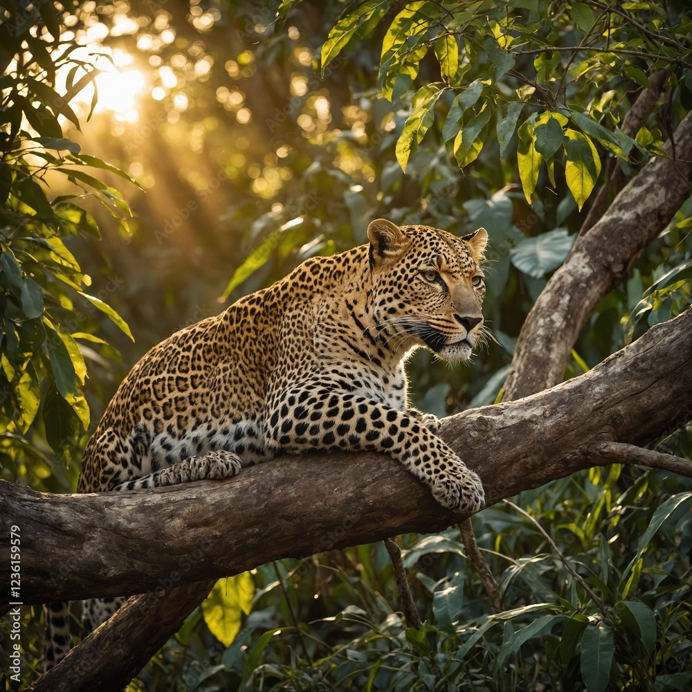 A leopard resting on a tree branch in a dense jungle, dappled in golden sunlight. A leopard resting on a tree branch in a dense jungle, dappled in golden sunlight.
