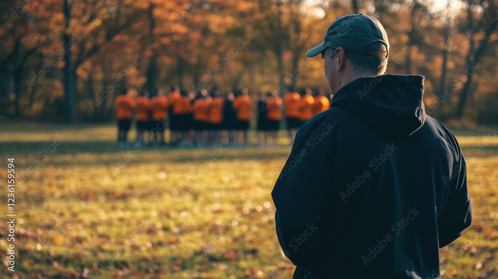 Fototapeta premium Coach observing a youth sports team practice in a fall park setting, focusing on teamwork, strategy, and athletic development for young athletes.
