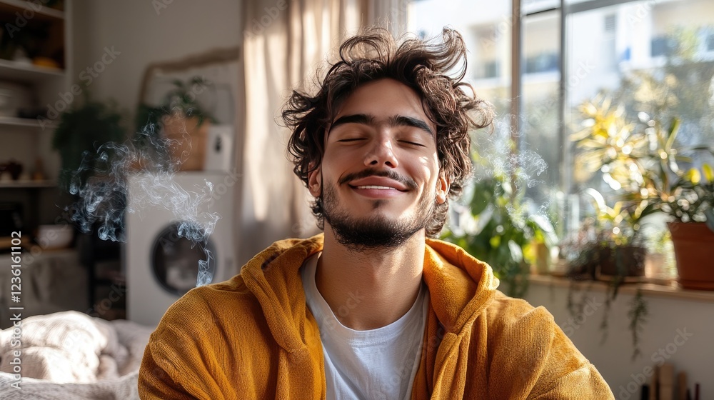 Naklejka premium Relaxed Young Man Enjoying Peaceful Moment at Home with Sunlight and Plants